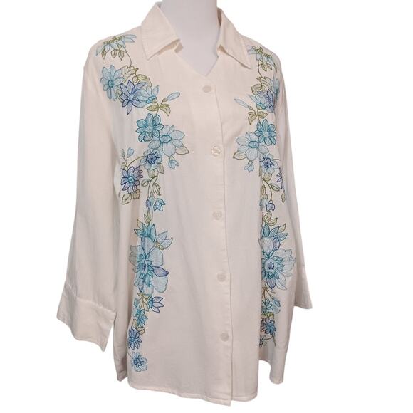 NEW Floral Embroidered Blouse Top Shirt Cotton Linen Plus 1X Off-White Blue Boho - Picture 1 of 11